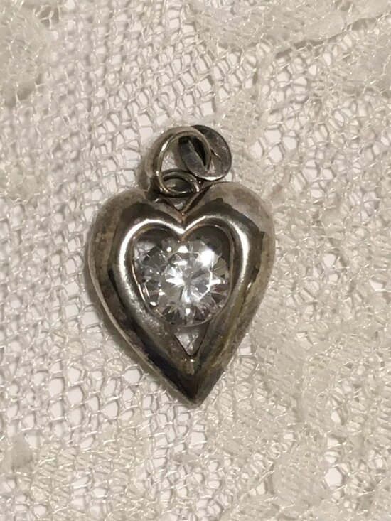Jewelry - Vintage Sterling Silver Heart Charm Pendant Clear Faceted Stone